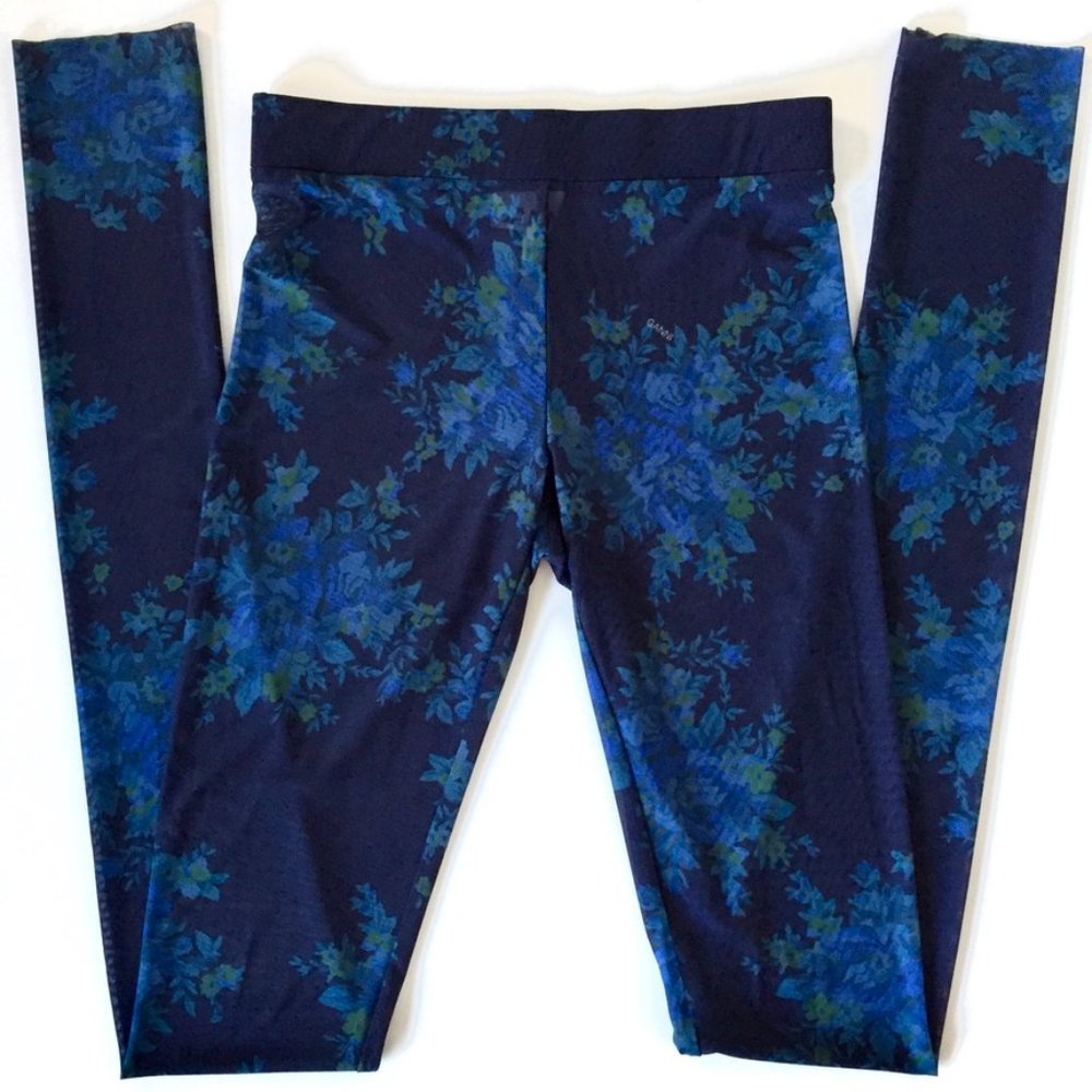 GANNI - Blue Floral Sheer Leggings - Sky Captain Printed Mesh - S